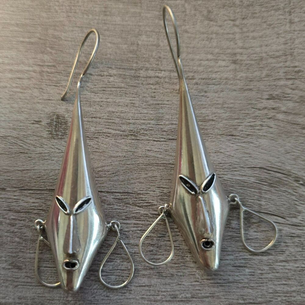 Vintage Sterling Silver Tribal Mask Dangle Earrings